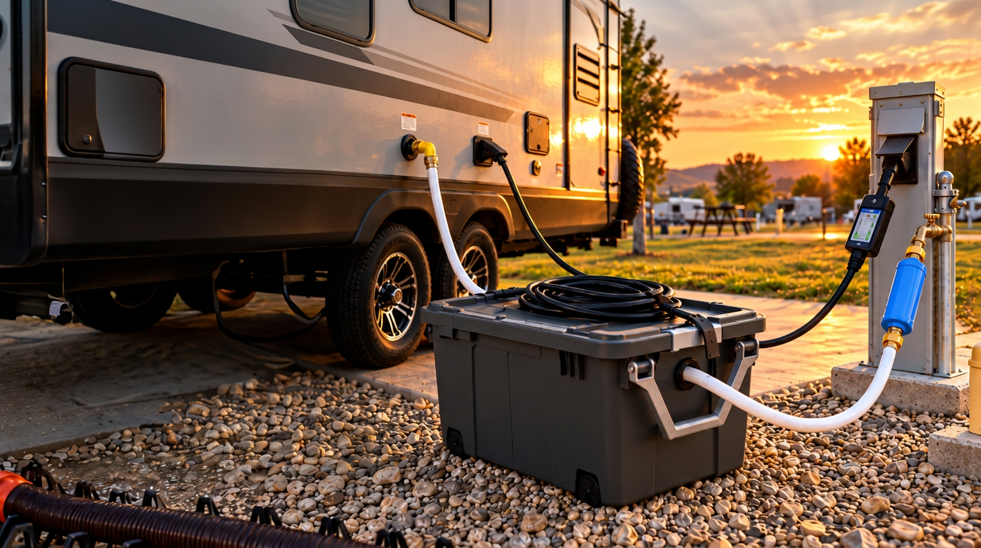 Bacon's CampConnect Station set up beside an RV at a sunset campsite